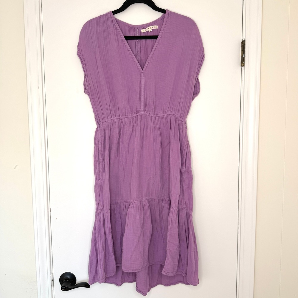 Xirena Purple Cotton Gauze V-Neck Tiered Ruffle Dress Size Medium